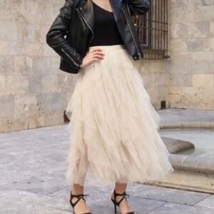 Strut & Bolt Cream Tiered Tulle Maxi Skirt Ruffle Mesh NWT Fairycore Size Small